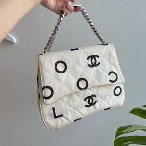 Vintage Chanel Printed Canvas CC Logo ID Bracelet Chain Flap Bag